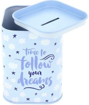 ПРЯМОУГОЛЬНАЯ МЕТАЛЛИЧЕСКАЯ КОПИЛКА ОТКРЫТАЯ ДЛЯ ДЕНЕГ, СИНЯЯ БАНКА