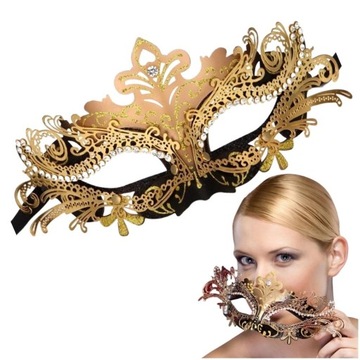 MASKA NA GŁOWĘ SEXY PRZEBRANIE HALLOWEEN CZARNY ZŁOTY WIECZÓR CYRKONIE