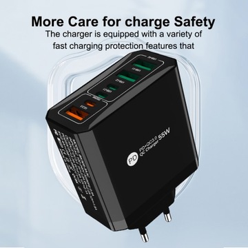 MOCNA SZYBKA UNIWERSALNA ŁADOWARKA SIECIOWA 55W PD+QC 3.0 USB x3 + USB-C x3