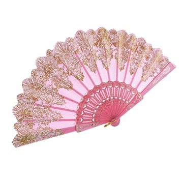 Hand Held Flower Lace Silk Cloth Folding Fan pink