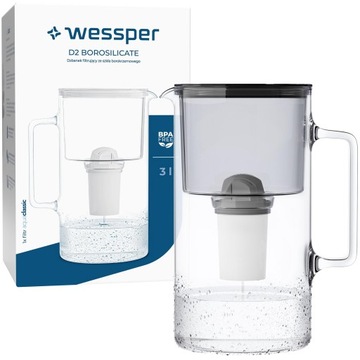 Dzbanek filtrujący szklany Wessper 3l Czarny + 1x Filtr aquaclassic 77g