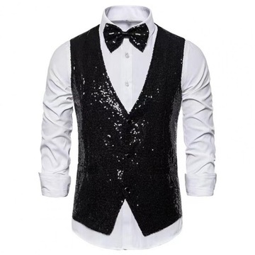 Men Blazer Waistcoat Shiny Sequin Slim Fit V Neck