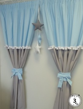 Zasłony dziecięce błękit/szare z pomponami wys. 120 cm