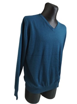 Cienki sweter w serek ciemny turkus wełniany 50% merino męski XXL klatka115