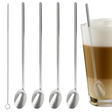 SŁOMKI METALOWE ŁYŻECZKI łyżki DŁUGIE do KAWY I DRINKÓW LATTE DESERÓW 4szt