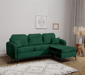 Narożnik do salonu zielony rozkładany z funkcją spania welurowy elegancki