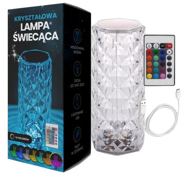 KRYSZTAŁOWA LAMPA ŚWIECĄCA LED RGB RÓŻA MIENIĄCA USB-C PILOT DOTYK 16 KOLOR