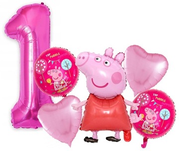 6 SZT BALONÓW CYFRA 1 JEDEN ROK PIERWSZE URODZINY BALON ŚWINKA PEPPA ROCZEK