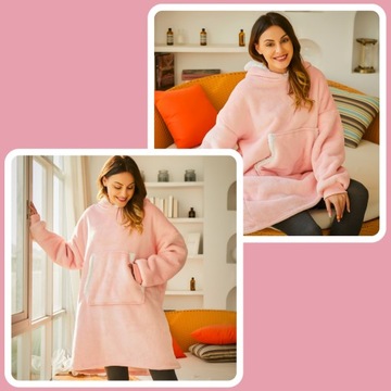 CIEPŁA BLUZA KOC OVERSIZE KOCBLUZA 2W1 GRUBA XXL RÓŻOWA FUTRZAK KOCOBLUZA