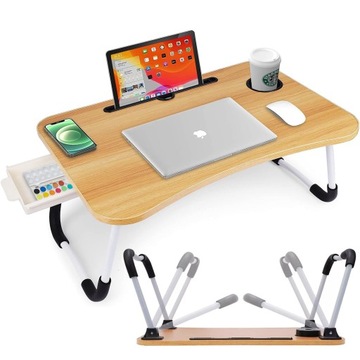 SKŁADANY STOLIK POD LAPTOPA podstawka do łóżka mobilna drewniana + SZUFLADA