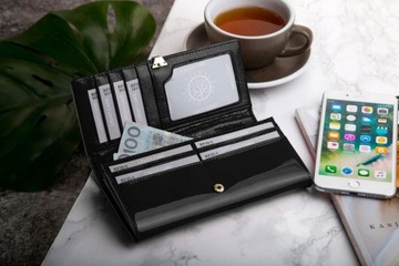 КОЖАНЫЙ КОШЕЛЕК ЖЕНСКИЙ Betlewski черный лакированный большой RFID в подарок