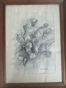Obraz róże ołówek sygnowany 1989 r