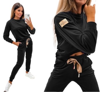 DRESY DAMSKIE WELUROWY KOMPLET DRESOWY BLUZA SPODNIE Z TAŚMĄ CZARNY L/40