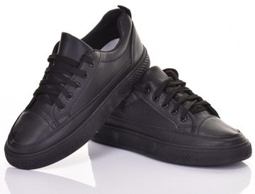 LEKKIE WYGODNE BUTY SPORTOWE SZNUROWANE KLASYCZNE TENISÓWKI EKOSKÓRA CZARNE