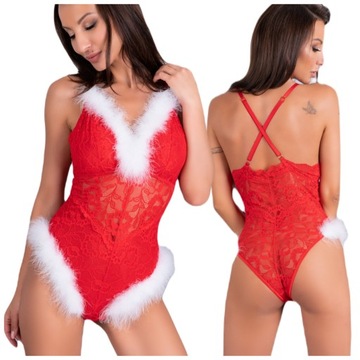 Mikołajka Przebranie na święta Koronkowe body z puszkiem Seksi S/M