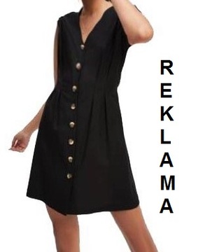 H&M NOWA Czarna LNIANA letnia sukienka koszulowa na guziki 38