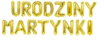Napis URODZINY + IMIĘ 8 liter BALONY ZŁOTE nazwa
