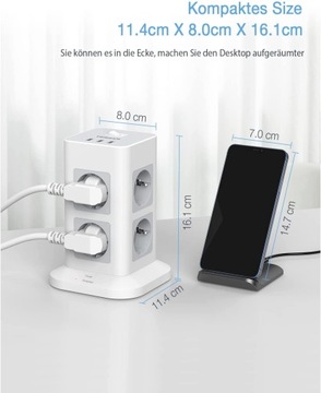 РАЗЪЕМ ПИТАНИЯ С 8 РАЗЪЕМАМИ 3USB, СТОЯЩИЙ, КОМПАКТНЫЙ