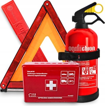 KOMPLET NA PRZEGLĄD GASNICA 1KG APTECZKA TRÓJKĄT OSTRZEGAWCZY ZESTAW