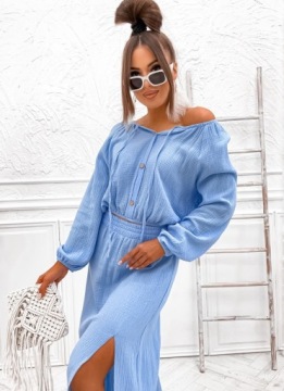 ЖЕНСКИЙ ЛЕТНИЙ МИСЛИНОВЫЙ КОМПЛЕКТ, БЛУЗКА И ЮБКА PL PROD PREMIUM BLUE L/XL