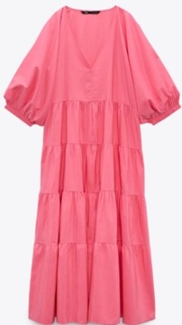 ZARA sukienka z różowej popeliny z falbankami, duże S jak S/M