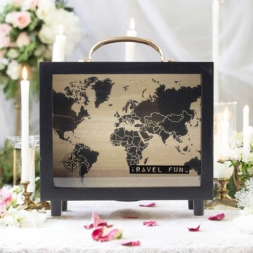 Копилка, деревянный чемодан, открывающаяся карта мира. Подарок для путешественников!