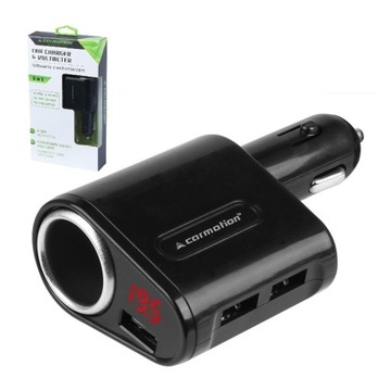 ŁADOWARKA SAMOCHODOWA 3XUSB+ GNIAZDO+ VOLTOMIERZ