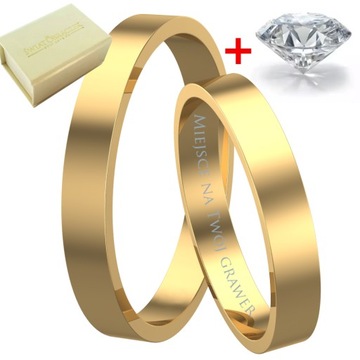 KLASYCZNA OBRĄCZKA ZE ZŁOTA PRÓBY 585 PŁASKA 3 MM + BRYLANT GRATIS + GRAWER