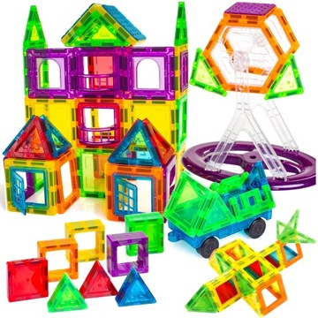 KLOCKI MAGNETYCZNE 3D budynki pojazdy podwozie MEGA ZESTAW XXL 70 el.