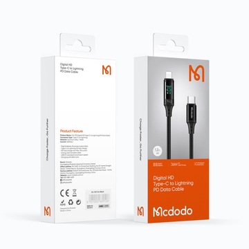 КАБЕЛЬ MCDODO С USB-МОНИТОРОМ 36 Вт, 1 м ДЛЯ IPHONE X 11 12 13 14