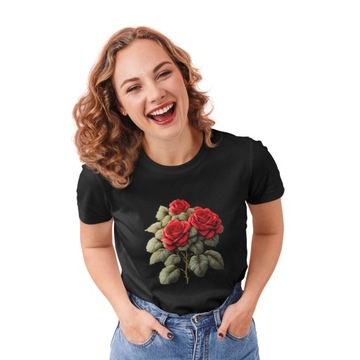 KOSZULKA RÓŻA DAMSKI T-SHIRT Z NADRUKIEM RÓŻY Z RÓŻĄ W KWIATY