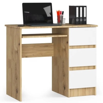 Biurko do biura 90 cm dąb artisan białe 3 szuflady