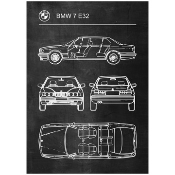 Plakat BMW 7 E32 Retro Schemat Poster Blueprint
