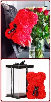 BEAR WITH ROSES RED 28cm BOX BOUQUET OF FLOWERS ORNAMENT GIFT FOR VALENTINE'S DAY