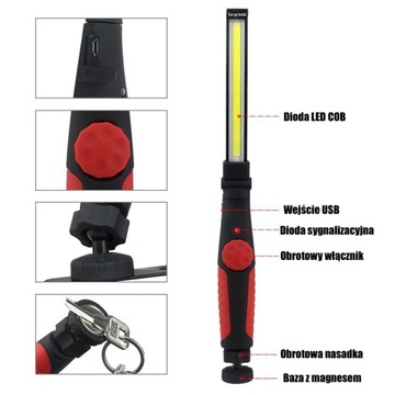 LATARKA LAMPA WARSZTATOWA COB LED MAGNES HAK USB