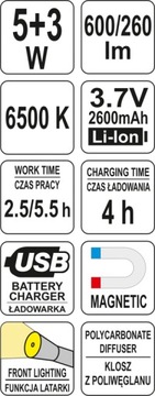 МОЩНАЯ ЛАМПА ДЛЯ МАСТЕРСКОЙ, АККУМУЛЯТОР 5 Вт, 3 РЕЖИМА, СВЕТОДИОДНЫЙ ФОНАРЬ АЛЮМИНИЕВЫЙ YATO