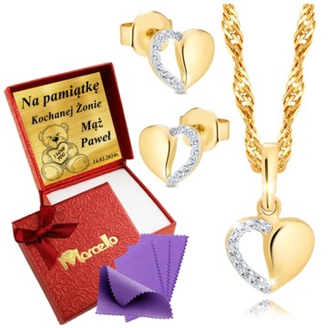 Złoty Komplet Biżuterii Złoto 585 Naszyjnik Kolczyki Serca UPOMINEK GRATIS