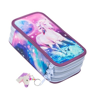 Duży Piórnik Szkolny do Szkoły Trzykomorowy Rozkładany Potrójny Koń