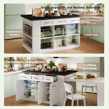 150+96cm White Kitchen Island w/ Extendable Table, Marble Top & Storage