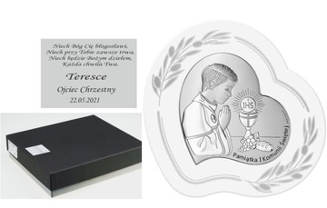 Srebrny obrazek Komunia Chłopiec Grawer Gratis 15,5x15 cm.