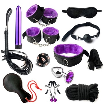 XXL ZESTAW ZABAWEK SEX GADŻETY - KAJDANKI BAT OBROŻA ZACISKI KNEBEL BDSM