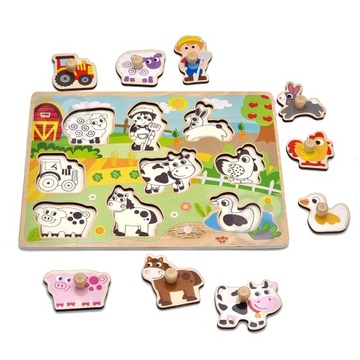 DREWNIANE PUZZLE 3D MONTESSORI Z PINEZKAMI DOPASUJ KSZTAŁT FARMA PREZENT