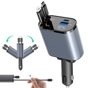 Wysuwana ładowarka samochodowa 120w USB-C LIGHTING adapter 4w1 ios android