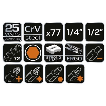 NEO Klucze Nasadowe NEO TOOLS Zestaw 77 Elementów Walizka Stal 1/4 1/2