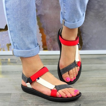 СПОРТИВНЫЕ, РАЗНОЦВЕТНЫЕ ЖЕНСКИЕ САНДАЛИИ НА ЛИПУЧКЕ КРАСНЫЕ