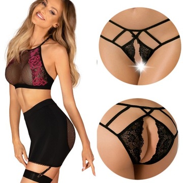SEXY STRÓJ komplet Top Spódniczka z paskami do Pończoch Stringi z dziurką S