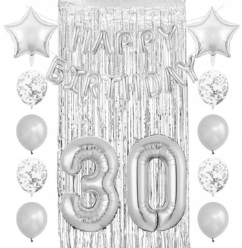 srebrny ZESTAW BALONY 30 URODZINY trzydziestka 26 szt metaliczny kurtyna