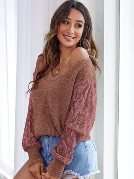 TR11212 SHEIN СВИТЕР С V-образным вырезом, КРУЖЕВО С ДЛИННЫМ РУКАВОМ, ГРЯЗНО-РОЗОВЫЙ L