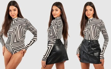 3E6B17 A02 BOOHOO SIATECZKOWE BODY Z DŁUGIM RĘKAWEM GEO PRINT L