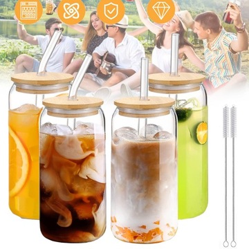4SZT KUBEK DO BUBBLE TEA Z SŁOMKĄ I POKRYWKĄ 500ML SZKLANYCH POJEMNIKÓW